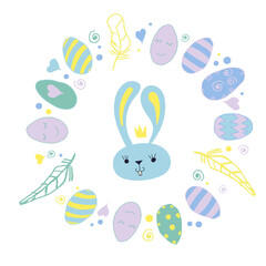 Vector illustration. Easter bunny rabbit. Greeting card design. Easter eggs and details. EPS 10.