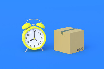 Cardboard box near alarm clock. Fast shipping. Transportation speed. Storage time in the warehouse. Delayed delivery. Quick carriage. 3d render