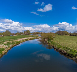 An aerial view along the River Nene near to Thrapston, Northamptonshire in springtime
