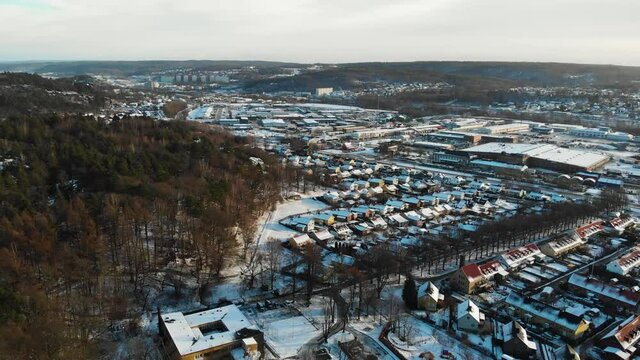 Aerial - Utby, residential suburb of Gothenburg, Sweden, wide forward shot
