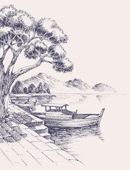 Harbor sketch, wooden boats on sea shore vector illustration