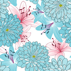 Floral abstract seamless hand-drawing background with chrysanthemum and lily flowers.