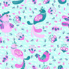 Vector illustration with plant leaves and birds in ethnic folk style. Hand drawn picture about a fairy tale. Seamless pattern for fabric and textile design.