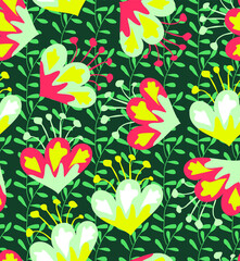 Fabulous flowers in a seamless pattern. An unusual plant. Floral vector pattern for fabric design or creative items. Hand drawn illustration. Folkloric pattern