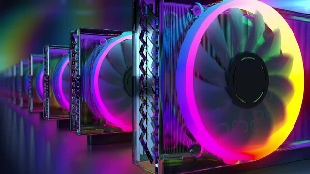 A conceptual view of mining cryptocurrencies with graphics cards. The camera slides past cards with huge fans and RGB color illumination, the video is looping.