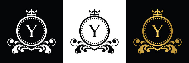 Golden and black Letter Y template logo Luxury gold letter with crown. Monogram alphabet . Beautiful royal initials letter.	