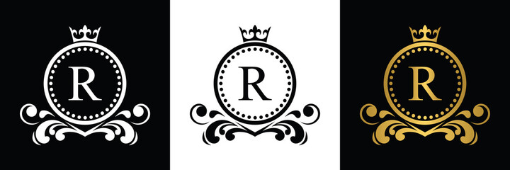 Golden and black Letter R template logo Luxury gold letter with crown. Monogram alphabet . Beautiful royal initials letter.	