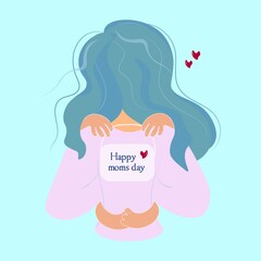 Young mother with a baby in her arms. Back view. Kid hugs mom with arms and legs. Kid holding a sign with the inscription Happy Mom's Day. Conceptual vector illustration on a blue background.
