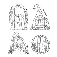 Set of hand-drawn fairytale doors. Wooden cartoon doors. Magical fantasy doors.