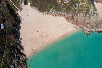Aerial photograph of Porthcurno Beach nr Lands End, Cornwall, England.