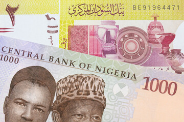 A macro image of a blue, purple and green one thousand  naira note from Nigeria paired up with a green two pound bank note from Sudan.  Shot close up in macro.