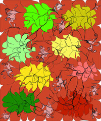 SEAMLESS PATTERNS IN THE FORM OF LEAVES ON AN ORANGE BACKGROUND