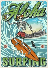 Hawaii surfing vintage colorful poster