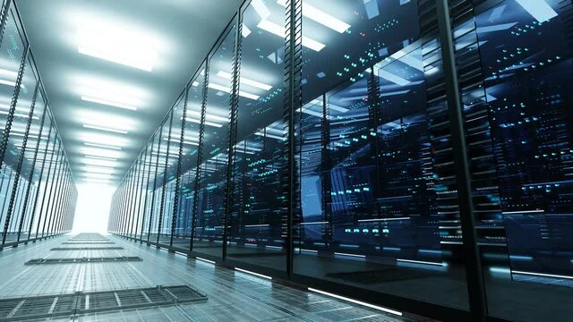 Data center with endless servers. Network and information servers behind glass panels.Server room with twinkling lights. 4K high quality loop animation