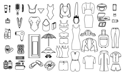 Set of Artist pen sketches;  vector mix and match drawings. Beach and summer holiday essentials for women.  Collection of hand drawn doodles.