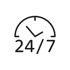 24 Hours a day icon. 24/7 line symbol. Support service sign. Help assistance concept. Vector isolated on white
