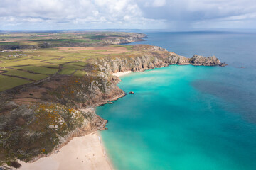 Aerial photograph of Porthcurno Beach nr Lands End, Cornwall, England.