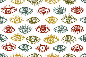 Hand drawn open eyes naive endless pattern. Pop