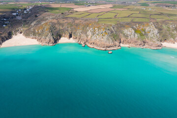 Aerial photograph of Porthcurno Beach nr Lands End, Cornwall, England.