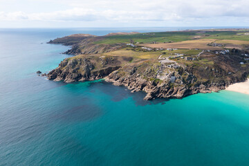 Aerial photograph of Porthcurno Beach nr Lands End, Cornwall, England.