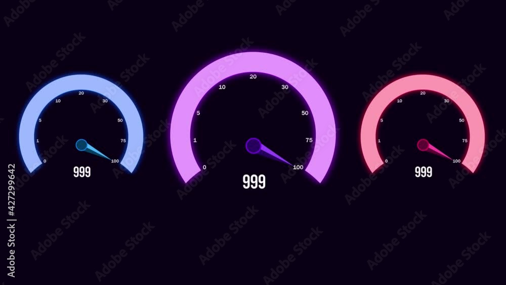 Poster three colorful speed testing meters glowing animation in 4k and with green screen for transparent