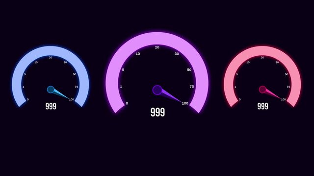 Three colorful speed testing meters glowing animation in 4K and with Green Screen for transparent