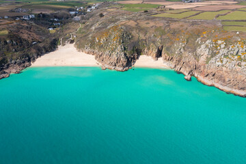 Aerial photograph of Porthcurno Beach nr Lands End, Cornwall, England.