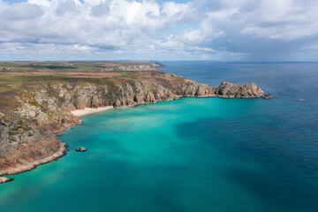 Obraz premium Aerial photograph of Porthcurno Beach nr Lands End, Cornwall, England.
