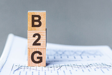 Three wooden cubes with letters - b2g - short for business to government, on grey table, space for text in left. Front view concepts