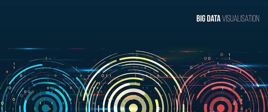 Abstract stream information with circles array and binary code. Filtering machine algorithms. Sorting data. Vector technology background. Big data visualization. Information analytics concept.