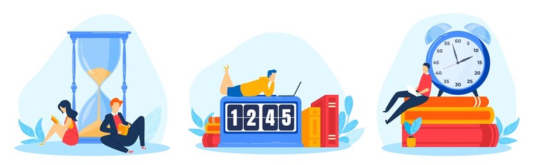 Clock watch time, information icon, wrist watch digital sign, tiny people, wait time, design, flat style vector illustration.