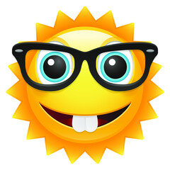 Happy Sun Emoji Nerd Sunglasses. Summer Vacations Icon. Illustration Vector Design Art Emote.