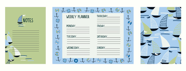 Weekly planner template with cover page and page for notes. Sailing as a design theme