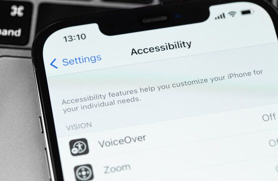 Accessibility settings on screen iPhone closeup. Apple Accessibility settings for users who are blind or low vision. Moscow, Russia - January 23, 2021
