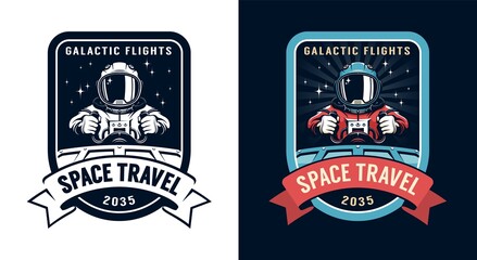 Space badge with spaceship pilot. Astronaut academy retro logo with spaceman. Vector vintage illustration.