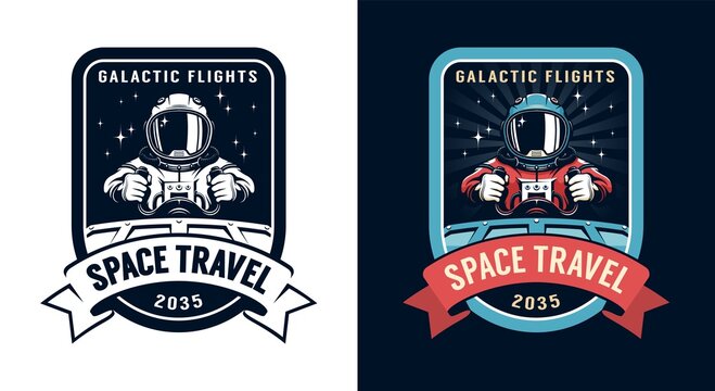 Space badge with spaceship pilot. Astronaut academy retro logo with spaceman. Vector vintage illustration.