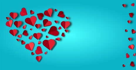 Big red heart lined with small paper hearts on a blue background, Valentine's Day, Valentine's Day, wedding card, vector illustration
