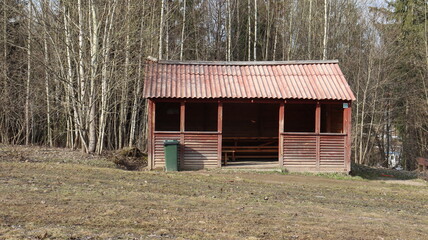 wooden arbors for picnic on hill