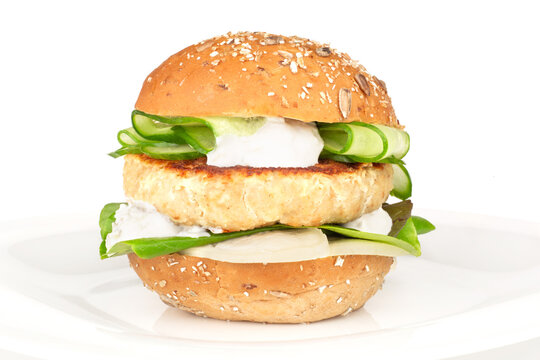 Fishburger with cod isolated on white