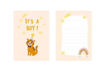 Baby shower invitation. Gender reveal party greeting card. It's a boy. Cute tiger in cartoon style. Trendy postcard or poster for the nursery. Stars and rainbow in boho style. Vector illustration. 