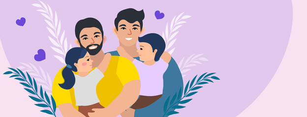 LGBT family. Gay couple with children. Two dads. Vector illustration