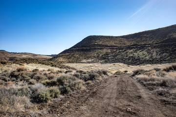 Dirt road leading through the arid desert landscape near Reno, Nevada
