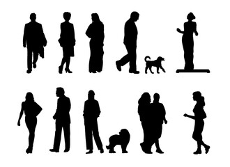 Silhouettes of people. They stay, walk with dogs.
