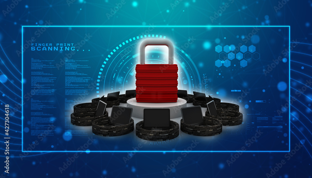 Poster 3d rendering computer network with lock