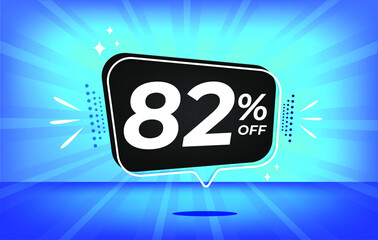 82% off. Blue banner with eighty-two percent discount on a black balloon for mega big sales.