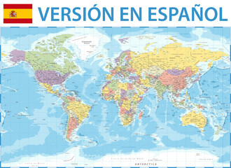 World Map Color Political - Spanish Language Version - Vector Detailed Illustration - 427304675