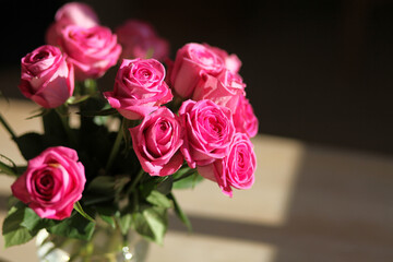 Bunch of pink roses flower. Gift card.