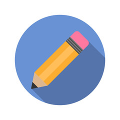 Yellow pencil in flat style with red eraser angled with shadow. Pencil sharpened with on blue background. Vector illustration. EPS-10