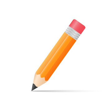 Realistic yellow pencil with red eraser angled with shadow. Pencil sharpened with on white background. Vector illustration. EPS-10