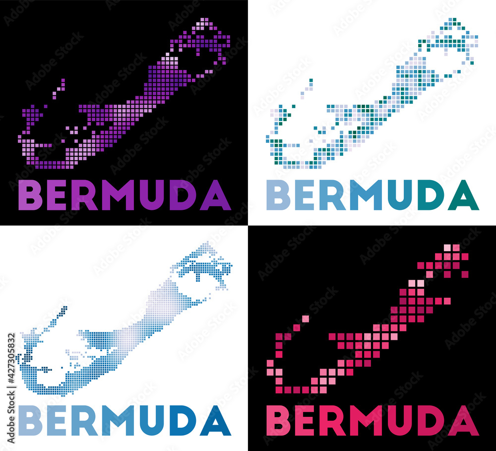 Poster bermuda map. collection of maps of bermuda in dotted style. borders of the island filled with rectan